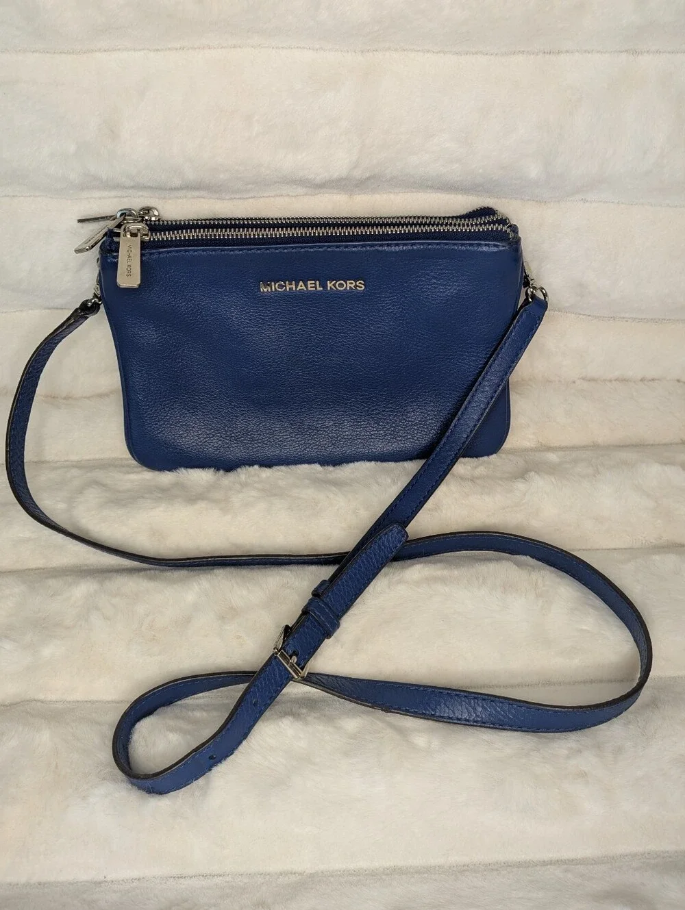 Michael Kors Navy Pebbled Leather Triple Zipper Crossbody